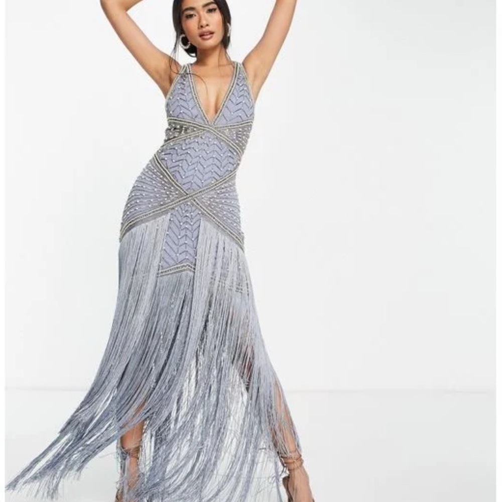 ASOS pearl embellished maxi dress with fringe hem in blue